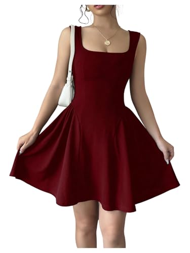 GORGLITTER Black Dress for Women A Line Sleeveless Swing Flared Square Neck Dress Ruffle Mini Tank Sundress, XS-XXL Burgundy X-Large