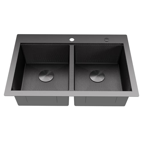 Image of Karran Matrix 33 inch Top Mount Workstation Kitchen Sink, Double Bowl, 16 Gauge Stainless Steel, Gunmetal Grey, Includes Cutting Board, Drying Mat & Basket Strainers