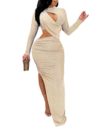 Famnbro Women's Sparkly Cut Out Dresses Wrap Ruched Bodycon High Split Cocktail Party Maxi Dress