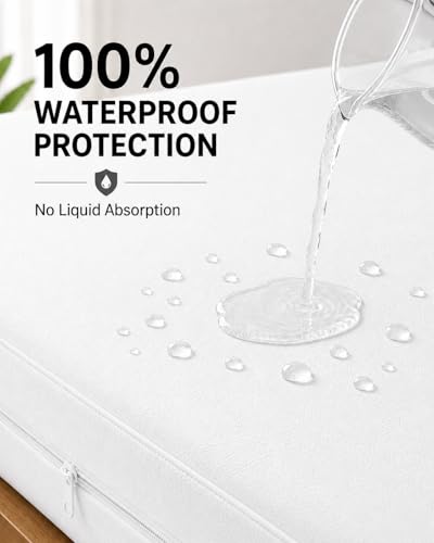 Image of 100% Waterproof Queen Size Zipper Mattress Encasement - Ultra Soft & Breathable Six-Sided Bed Cover, Dustproof Noiseless Fitted Design, 75x60 Inch (6x6 Feet), Fits Up to 6 Inch Mattress, White