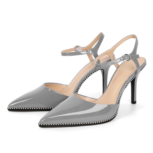YODEKS Grey Ankle Strap Heels for Women Gray Slingback Heels Closed Pointed Toe Stilettos High Heel Beaded Dress Shoes 3.5 Inch for Club Night Out Cocktail Formal Work Size 8.5
