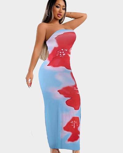 Image of Sliot Floral Print Strapless Bodycon Maxi Dress - Sexy Summer Beach Dress for Women, Tropical Vacation Sundress, Club Party