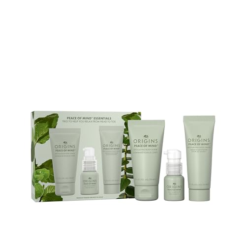 Origins 3-Piece Peace of Mind Travel Hand & Body Skin Care Gift Set | Includes Exfoliating Scrub, Hand Cream & Our 1 Aromatherapy Experience| With Eucalyptus, Peppermint & Basil Essential Oils