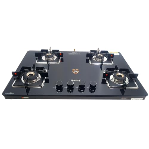 Image of Unicook Hobtop 4 Burner Gas Stove | ISI Certified | Manual Ignition | 8mm Toughened Glass | Forged Brass Burners | 3 Years Warranty on Glass & Burners + 2 Years Manufacturer Warranty