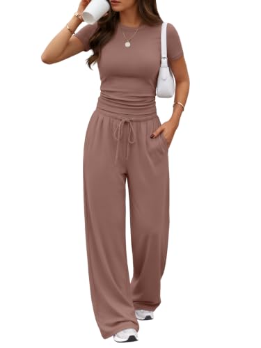 Image of Trendy Queen Women's 2 Piece Matching Summer Lounge Set with Pockets | Vacation Airport Travel Outfits, Workout Gym Clothing Comfy Athleisure Clothes, Side-ruched Top, Drawstring Wide Leg Pants