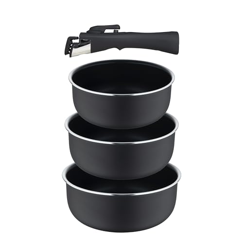 Bergner CLICK&COOK - Set 4 Pzs Cazo Alu Prensado con Mango Desmontable y Heat Dot - Revestimiento ILAG Essential - Antracita - Inducción Compatible, 16 cm | 18 cm | 20 cm
