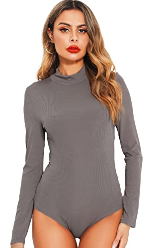 Lovasy Body Damen Langarm Hoher Kragen Damen Body Body Damen Elegant Bodys für Damen Bodysuit Women Rippstrick Stringbody Damen Tops Unterziehbody Blusenbody Damen,grau,M Cover