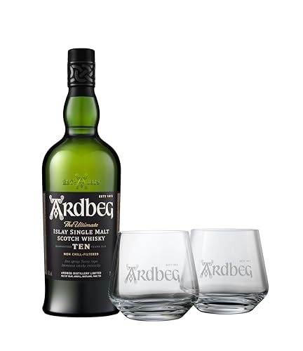 Ardbeg Ten Years Old Islay Whisky in Geschenkverpackung mit zwei Gläsern