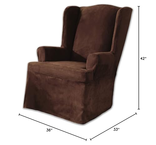 SURE FIT Soft Suede T-Cushion Wing Chair One Piece Slipcover, Relaxed Fit, Polyester, Machine Washable, Chocolate Color