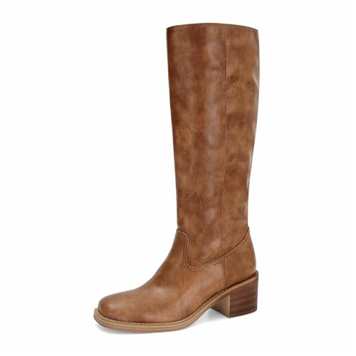 Image of DOEYG Women's Banana Knee High Boots Square Toe Chunky Block Heel Tall Boots Wide Calf Fashion Comfortable Casual Pull on Long Boots