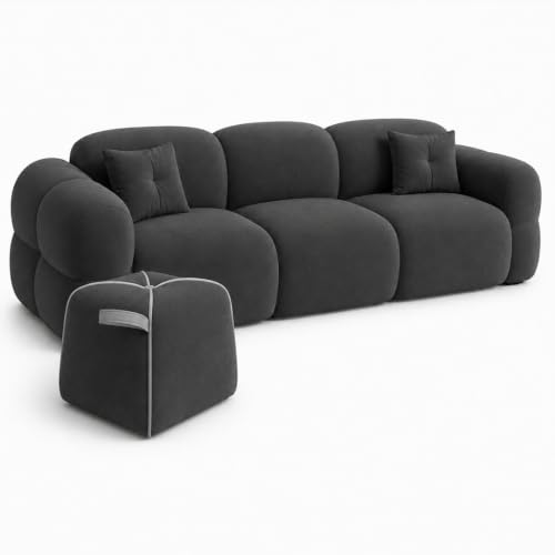 Image of FURNY Luxury Nimbus 4 Seater + Suri Pouf Sofa Set for Living Room | Boston Fabric Upholstered | Modern Cushioned Comfortable Couch for Home Office & Drawing Room | Ash Grey