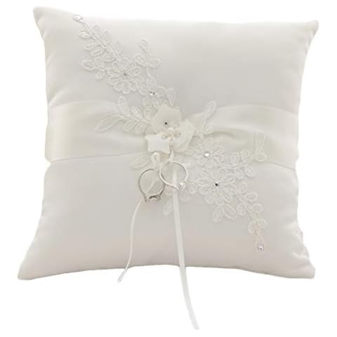 XYJIE Lace Pearl Satin Wedding Ring Pillow Cover