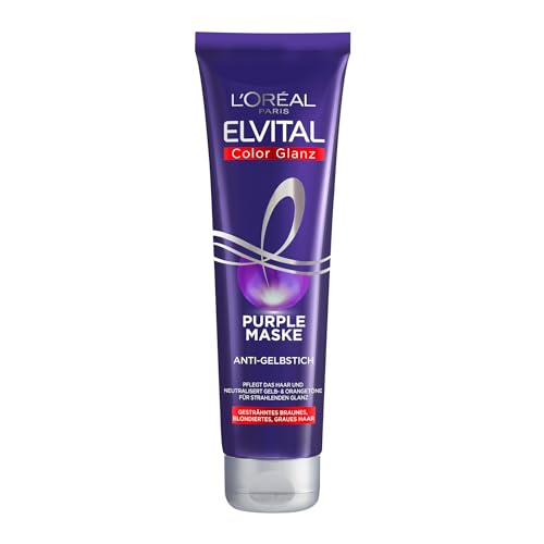 L'Oréal Paris Elvital Haarkur für blondes, gesträhntes, graues Haar, Neutralisiert Gelbtöne, Color Glanz Purple Pflegemaske gegen Gelbstich, 6 x 150 ml