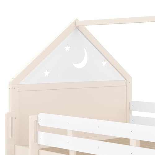 Image of Bellemave Bunk beds Full Over Full with Slide and Stair and Bookshelf Playful Design, Low bunk /loft Bed for Kids，Beige