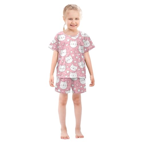 ALAZA Cute Animal Cat Kitten Star Pajamas Set Short Sleeve Cotton Sleepwear Summer Pjs 2 Piece 5-14Y3