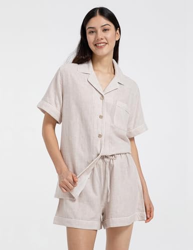 Image of Womens Muslin Pajama Sets 100% Cotton Double Gauze Linen Like Short Pjs | Breathable Soft Comfort Button Up Loungewear Sleepwear PJ Set