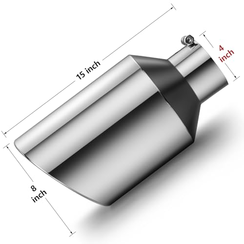 Image of Exhaust Tip 4 inch Inlet 8 inch Outlet 15 inch Long, High Performance Stainless Steel, Rustproof Polished Finish, Rolled Angle Cut, Bolt-On Diesel Tail Pipe, Universal for Car Truck