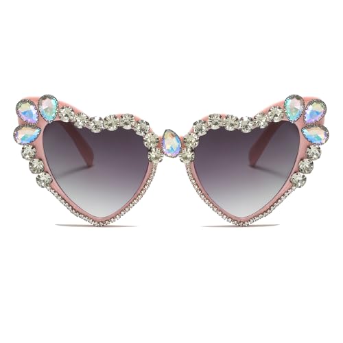 LJCZKA Luxury Rhinestone Heart Sunglasses for Women Sparkling Crystal Love Sun Glasses Bling Party Festival Sunglasses