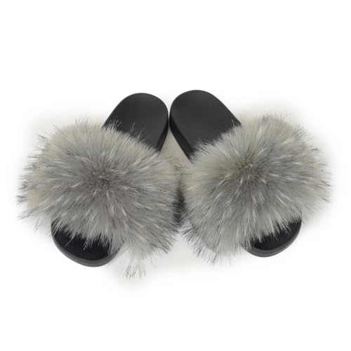 Image of Women's Faux Fur Slides Slippers Fluffy Fuzzy Sandals Open Toe Furry Slide Flip Flop Indoor Outdoor