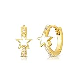 Pendientes de Aro de Plata 925, Pendientes de Aro de Oro Chapados en Oro para Mujer Pendientes de Aro de Hélice en Forma de Estrella con Circonitas
