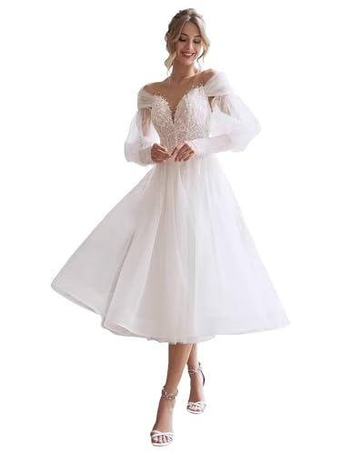 Womens White Long Sleeves Wedding Dresses for Bride Tea Length