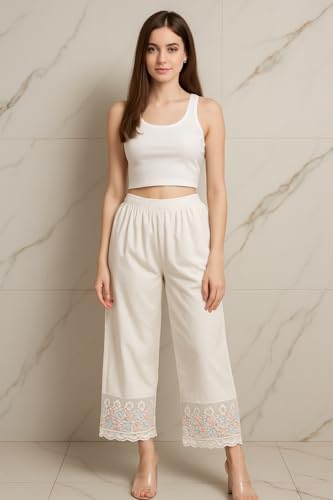 Image of TNQ Women Cotton Net Detailing Work Palazzo || Lace Palazzos || Flared Net Lace Palazzo for Women White