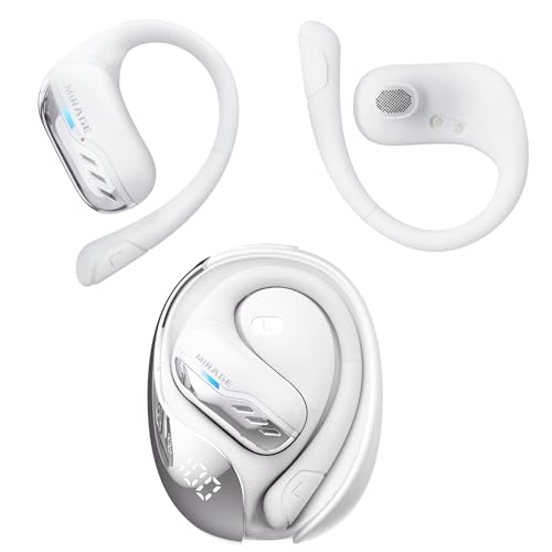 Transformers Open-Ear Wireless Bluetooth 5.4 Workout Headphones, Comfort Silicone Earhook, Surround Sound, Clear Calls, IPX5 Waterproof Earbuds with Lanyard, LED Display (White - Mirage)