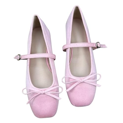 Dear Time Women's Faux Suede Mary Janes Bow Flats Buckle Strap Shoes Square Toe Comfortable Ballet Flats