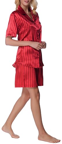 Women's Short Sleeve Classical Silky Satin Pajamas, Short Bottom Sleepwear3