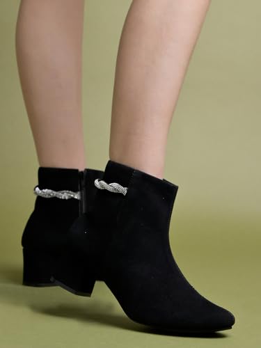 Image of Shoetopia Women's Suede Ankle Boots with Block Heel and Rhinestone Knot Detail||Side Zip Fashion Booties for Fall & Winter