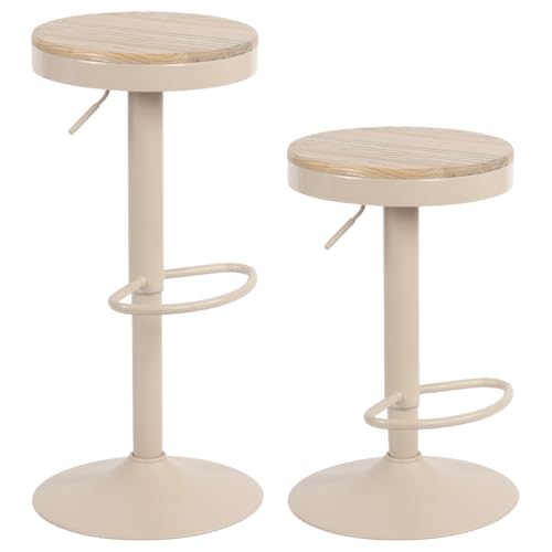 YOUNIKE Taburete de Bar Juego de 2 Taburetes de Bar de Madera Silla de Bar Alta Estructura Metálica Giratoria 360° con Reposapiés Industrial Caqui