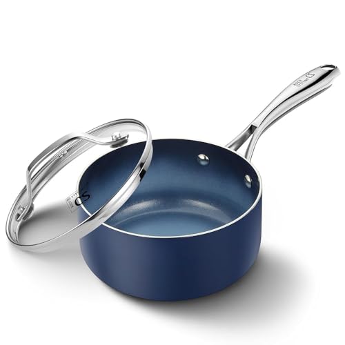 Image of KOCH SYSTEME CS Nonstick Sauce Pan with Lid, 1 Quart Saucepan with Lid, 1 QT Nonstick Ceramic Small Sauce Pan with Stainless Steel Handle, Non-Toxic Ceramic Saucepan, Oven Safe, Gradient Blue