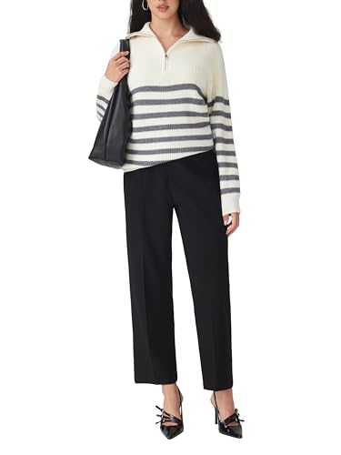 CIDER Women's Striped Quarter Zip Pullover Sweater Mock Neck Knit Fall Fashion Casual Sweater3