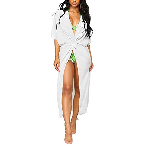 Sovoyontee Women's Beach Swimsuit Cover Ups Knot Front Chiffon Kimono Maxi Dress - White - Small Cover