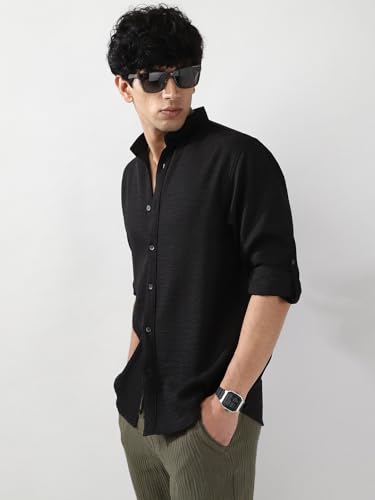 Image of Urbano Fashion Men's Linen Blend Full Sleeve Relaxed Fit Mandarin Collar Casual Solid Shirt