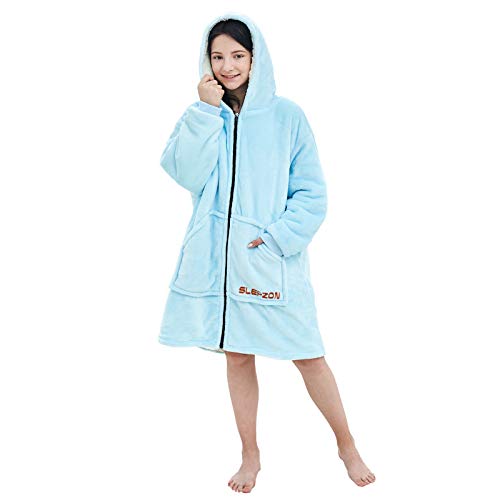 Slepzon Oversized Wearable Blanket, Blanket Hoodie With Deep Pockets, Cozy Sleeves, Front Zipper, Super Soft Warm Blanket Sweatshirt For Teenager, Kids - Blue #TOP26