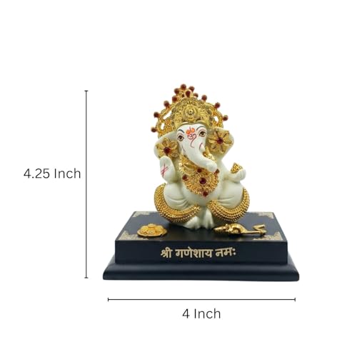 Image of Ganesha Idol for Home Decor | 4.25 Inch Golden Ganpati Murti with Stone Work | Resin Ganesh Ji Idol for Car Dashboard, Office Desk & Pooja Room | Vastu Decorative Statue (176g)