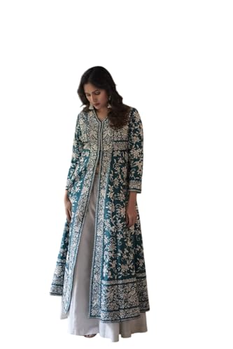 Image of Women's Cotton Embroidery A-line Kurti with Palazzo Set (Green-XL)