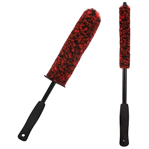 TSLBW 2 Pcs Car Wheel Brushes and Rim Cleaning Brush Long Handle Vehicle Kit Microfiber Hub Different Size Detailing Set Bendable Tire Brush, Black and Red Cover