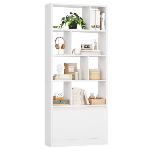 FORABAMB Bücherregal Weiß aus Holz, Bücherschrank Hoch mit 4 Ebenen und offenes Aufbewahrungsregal, Standregal Regal mit Türen für Wohnzimmer, Schlafzimmer, Büro, Arbeitszimmer, 155x60x24 cm, Weiß
