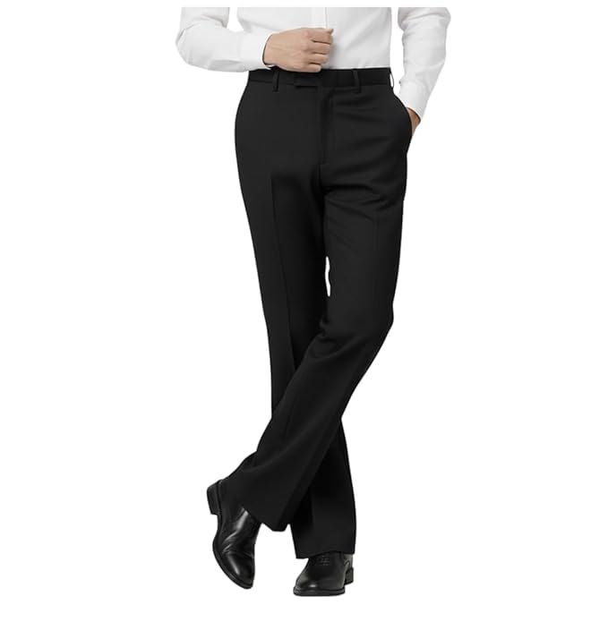Image of Men's Japanese Boot Cut Formal Trousers | Premium Slim Straight Fit Office Pant | Wrinkle Resistant Business Wear | Classic Flat Front Dress Pants for Men Black