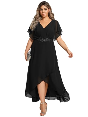 Image of Ever-Pretty Plus Women's V Neck Applique Plus Size Wedding Guest Dress Short Sleeves Maxi Formal Dresses