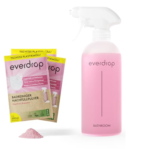 everdrop Badreiniger Power-Pulver Starter Set (1x rpet Flasche + 3 Sachets) für starke Reinigungspower und gegen hartnäckigen Schmutz Seifenreste & Make-Up