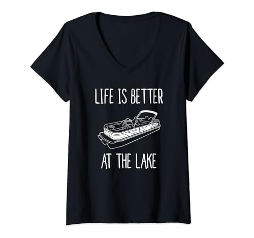 Womens Life Is Better At The Lake Pontoon Boat Fishing design V-Neck T-Shirt