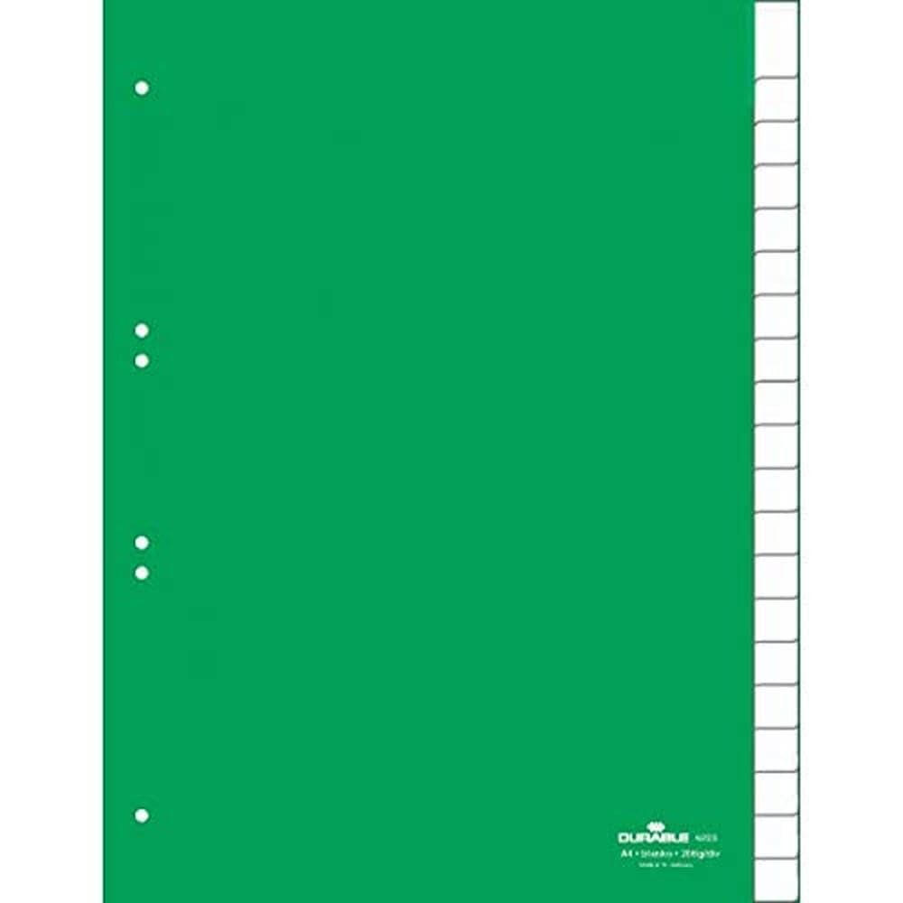 Durable 621905 - Divisorio con cavalierini termosaldati e set di etichette stampate e preinserite 1-31, f.to A4, 31 tasti, foratura universale, verde