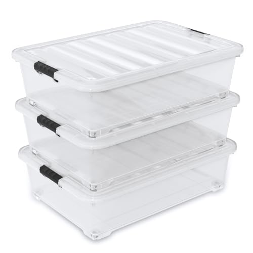Image of 50 L Large 3 Packs Clear Plastic Under Bed Storage Container with Lid and Wheels, Under the bed Boxes