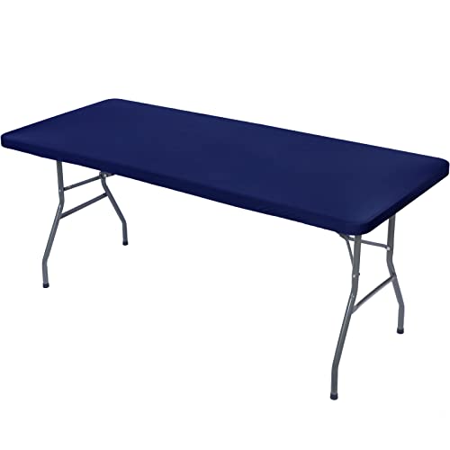 CHENGU Spandex Tablecloth Fitted Stretch Tablecloth Elastic Fitted Picnic Table Cover Washable Folding Table Cover Rectangle Polyester Tablecloth for Picnic Party (Navy, 8ft)