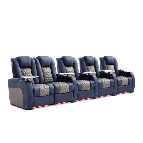 Weilianda Home Theater Seating, Top Grain Leather Movie Seats Recliner Chair, Zero Gravity Reclining Gaming Sofa with Power Headrest 7 Colors Ambient Lighting 5 Seats Loveseat Right Blue Grey