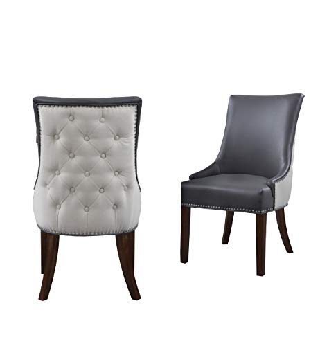 Iconic Home Brando Dining Side Accent Chair Pebble Grain Pu Leather Linen Upholstered Nailhead Trim Tapered Solid Birch Legs Modern Transitional Set Of 2, Grey #TOP2