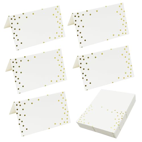 Bliceon Lot de 50 marque-places vierges pour décoration de table – Cartes de nom à pois dorés pour mariages, dîners et banquets – Cartes pliées de 5,1...